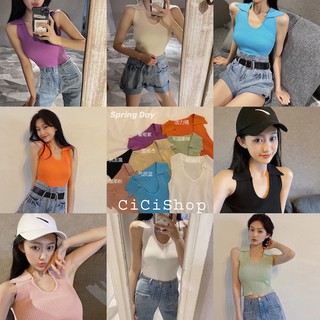 สินค้า Cicishop(9373)เสื้อไหมพรมคอปก คอเว้า แขนกุด เนื้อผ้านิ่ม ยืดหยุ่น ใส่สบาย สีสันสดใส