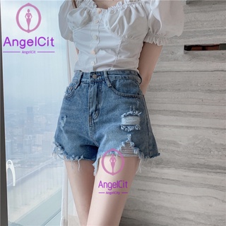 Angelcity ※ กางเกงยีนขาสั้น เอวสูง ขากว้าง ทรงเอ แต่งรอยขาด พลัสไซซ์ สไตล์เกาหลี แฟชั่นฤดูร้อน สําหรับผู้หญิง