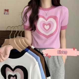 Elves✨พร้อมส่ง✨ เสื้อยืดไหมพรมแขนสั้น คอกลม ลายหัวใจสีพาสเทลน่ารัก ~80049~ -C