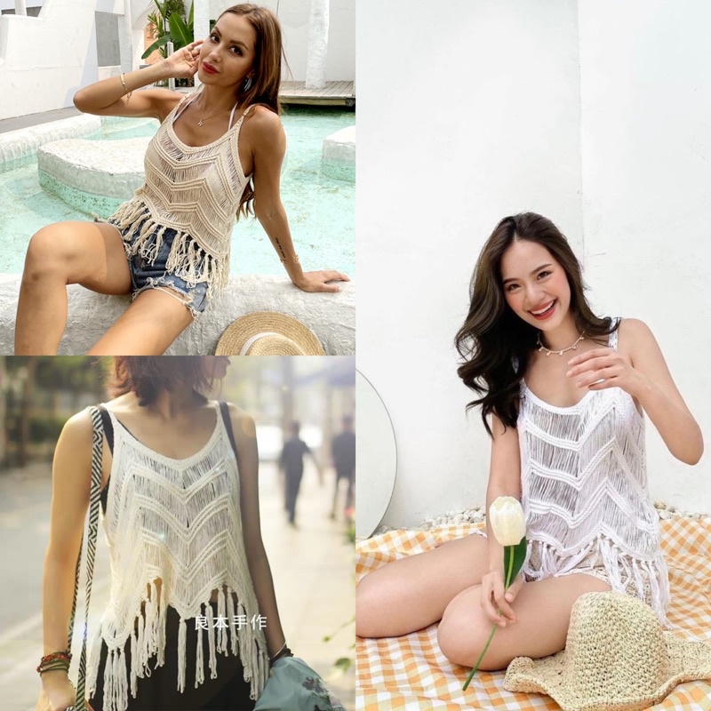 สายเดี่ยวไหมพรม-สายเดี่ยวแฟชั่นแต่งพู่รอบตัว-สายเดี่ยวถัก-เสื้อถักซีทรู
