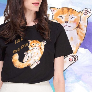 【hot sale】(พร้อมส่ง) เสื้อยืดแฟชั่นผู้หญิง ลายน้องแมว มินิมอลน่ารัก ราคาถูก ใส่เป็น Oversize ได้ Cotton100%