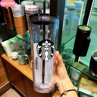 Starbucks ฟางสีดำใสใสแก้วขวดน้ำพลาสติกแบบพกพามัลติฟังก์ชั่ถ้วยกาแฟหนาแฟชั่นสองชั้นขวดน้ำ flowerdance