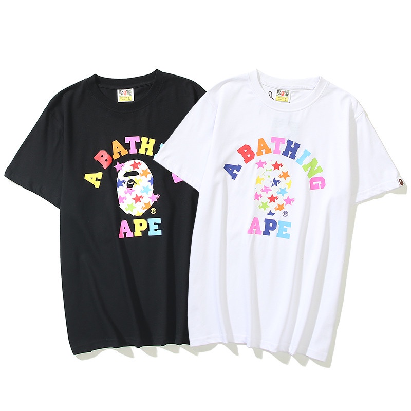 bape-เสื้อยืดลําลองสําหรับ-unisex-ผ้าฝ้ายแขนสั้นคอกลมพิมพ์ลายดาวห้าแฉกทรงหลวม