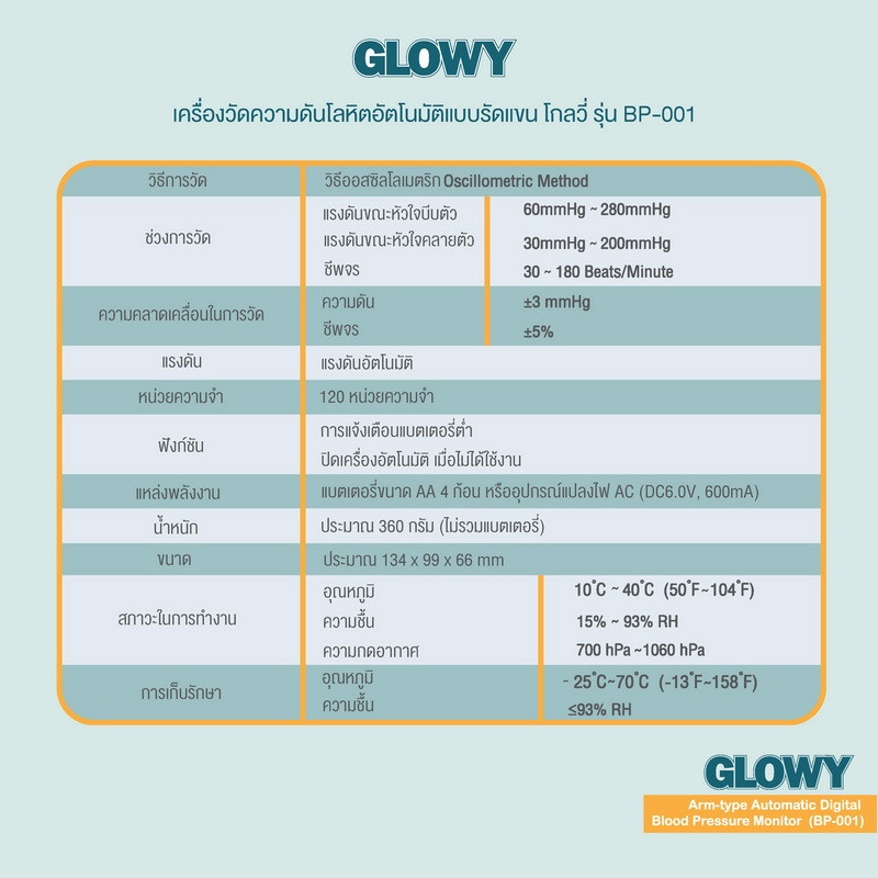 รายละเอียดเพิ่มเติมเกี่ยวกับ GLOWY เครื่องวัดความดัน โลหิตอัตโนมัติแบบรัดแขน GLOWY Arm-Type Blood Pressure Monitor รุ่น BP-001
