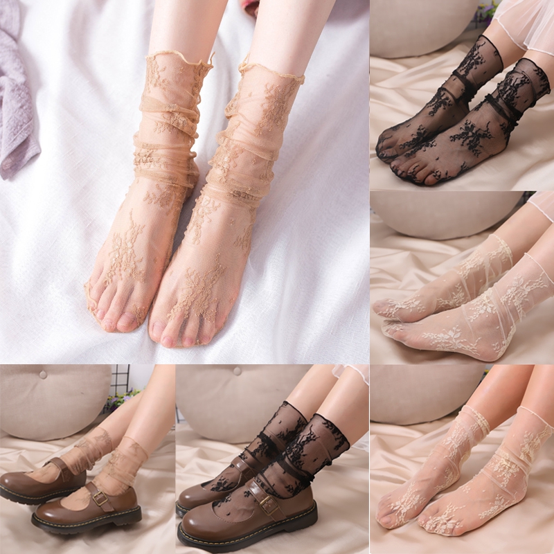 ภาพหน้าปกสินค้าถุงเท้าผ้าลูกไม้ แบบโปร่งแสง สไตล์ย้อนยุค สำหรับผู้หญิง