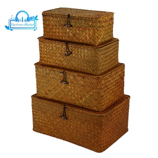 Seagrass Storage Baskets with Lids, Woven Rectangular Basket Bins, Wicker Storage Organizer for Shelf, Set of 4