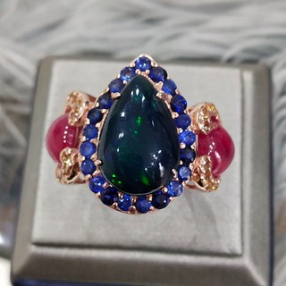 เเหวนพลอยเเท้ Black opal 5.74ct  ไพลิน1.2ct  ทับทิม4ct บุษราคัม 0.60ct ตัวเรือนเงินเเท้ชุบโรสโกลด์ Size55 มีใบรับประกัน