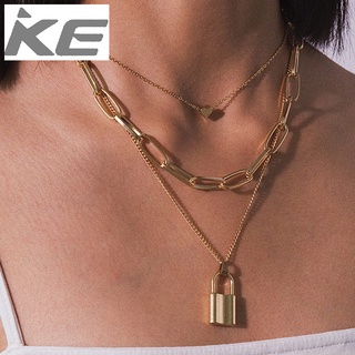 Simple Necklace Jewelry Punk Metal Buckle Chain Necklace Love Lock Pendant 3 Necklace for girl