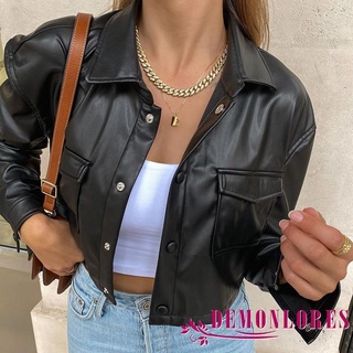 Demonlores-Women´s Loose Short Casual Leather Jacket Black Long Sleeve Button Open Lapel Jacket With Pocket