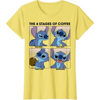 เสื้อยืดสีดำอินเทรนด์เสื้อยืดแขนสั้นลําลอง คอกลม พิมพ์ลาย Disney Lilo &amp; Stitch 4 Stages Of Coffee แฟชั่นสําหรับผู้ชายS M