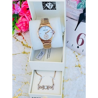 🦋แท้💯 พร้อมส่ง🦋Anne Klein Swarovski Crystal  Quartz Mother of Pearl Dial Ladies Watch and Necklace Set ✅AK/3466GPST