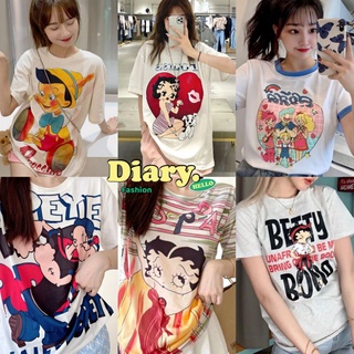 Diary(9028)เสื้อยืดแขนสั่นคอกลมลายการ์ตูนพินอคคิโอสีครีมลายใหญ่