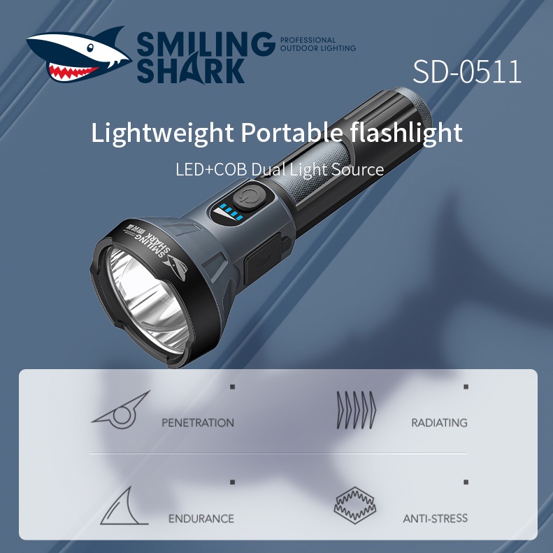 ภาพหน้าปกสินค้าSmilingShark SD-0511 ไฟฉาย ไฟตั้งแคมป์ ไฟฉาย COB ไฟฉาย LED 18650 2200mAh USB ชาร์จใหม่ได้ จุดกลมขนาดใหญ่ IPX4 กันน้ำ น้ำหนักเบา แบบพกพา Floodlight กลางแจ้ง แคมป์ปิ้ง เดินป่า ไฟฉายส่องกบ