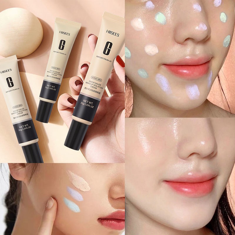 ภาพหน้าปกสินค้า(พร้อมส่ง  ) HIISEES คอนซีลเลอร์หายใจได้   คอนซีลเลอร์เมคอัพเบสติดทนนานสโนว์ก๊อซไหมซอฟท์เบสครีมเมคอัพเบสครีมปรับสีผิ