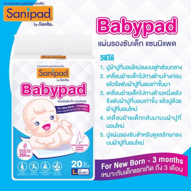 ภาพหน้าปกสินค้าSanipad Babypad (L) / แผ่นรองซับเด็ก (ไซส์ L : 30 x 45ซม.) 20แผ่น/ห่อ สำหรับเด็กแรกเกิด ถึง 3 เดือน จากร้าน sanita.shop บน Shopee