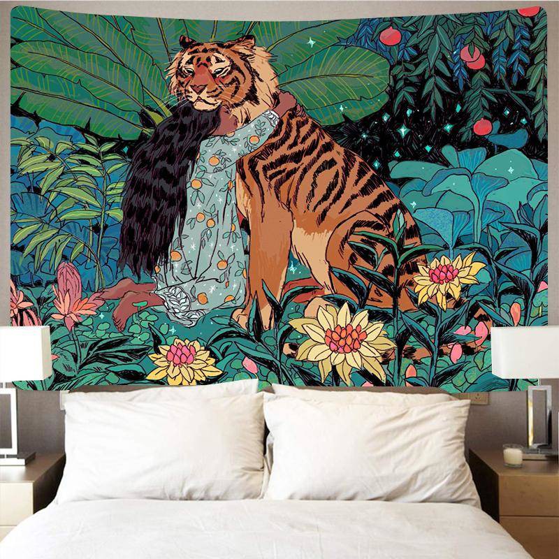 แต่งห้อง-ผ้าแขวนผนัง-นอร์ดิก-ins-เสือสาวซูเปอร์ขนาดใหญ่พื้นหลังผ้าสุทธิสีแดงสดผนังตกแต่งเครื่องมือข้างเตียงนอนห้องนอนหอ