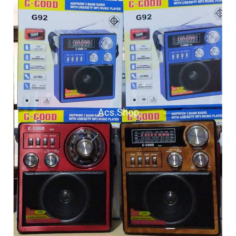 ภาพหน้าปกสินค้าวิทยุ AM / FM / USB / MP3 ยี่ห้อ G-Good รุ่น G92 (คละหน้า,ปุ่ม) , รุ่น G72 (คละหน้า,ปุ่ม) 3 สี แดง,น้ำเงิน,น้ำตาล