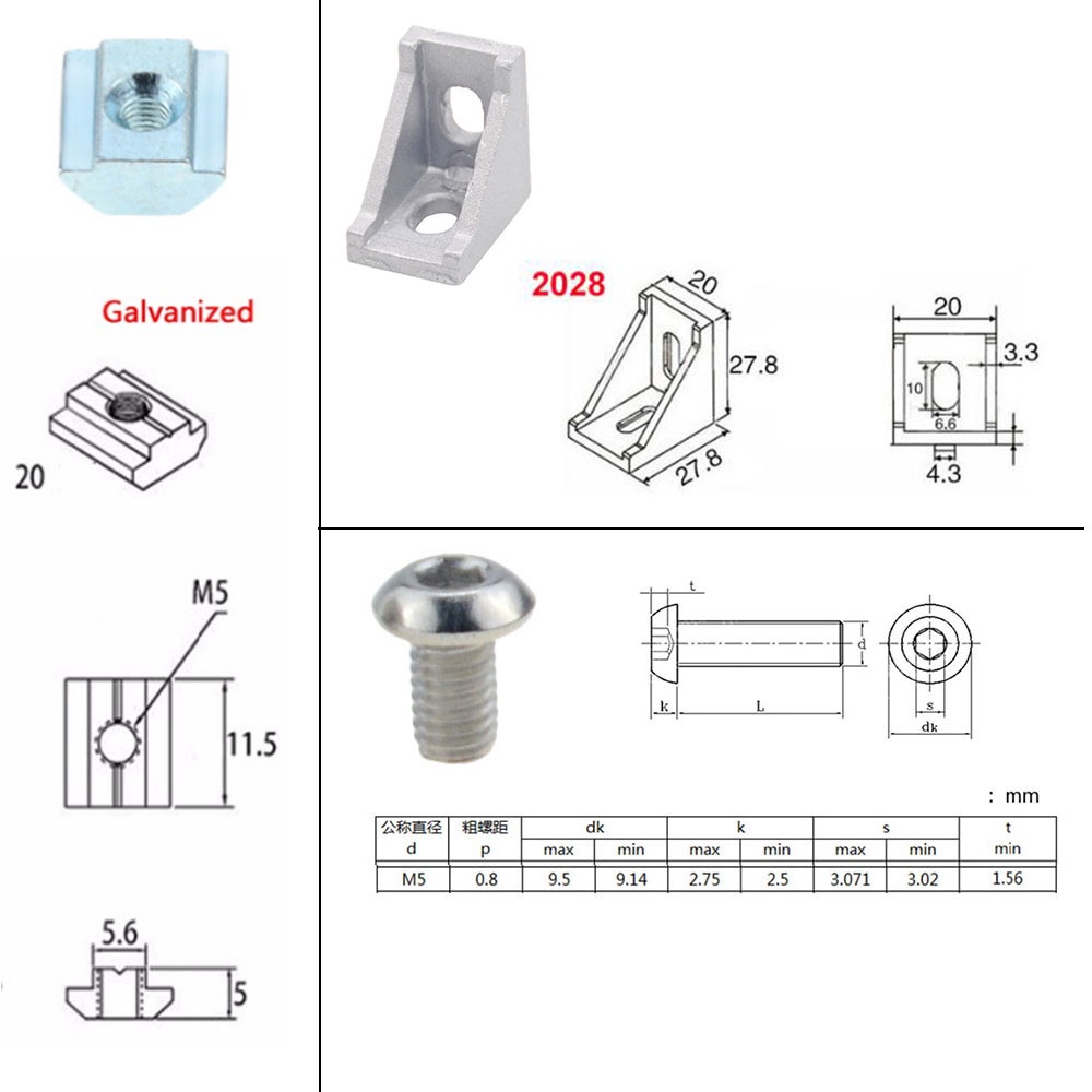 ชุดตัวเชื่อมต่ออลูมิเนียม-2028-ตัวยึดมุม-20-ชิ้น-พร้อมน็อตสล็อต-m5-20-ชุด-40-ชิ้น-และ-ฝาปิดซ็อกเก็ตหกเหลี่ยม-m5x10-มม-40-ชิ้น