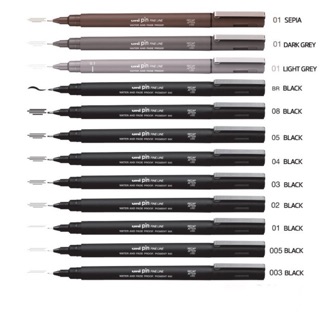 สินค้า Uni pin fine line / brush I ปากกาตัดเส้นหัวสักหลาดสีดำ/น้ำเงิน/สีน้ำตาล/สีเทา และปากกาหัวพู่กันสีดำ