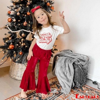 Babybaby- คริสต์มาส เด็กสาว พิมพ์ลายตัวอักษร เสื้อแขนสั้น + กางเกงขาบาน กํามะหยี่ ชุดที่คาดผม