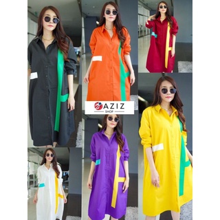 📌ทักก่อนสั่ง📌เดรสเชิ้ต ผ้าคอตตอน cotton แต่งแถบสี oversize อก50”  oaziz