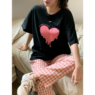 เสื้อยืดแขนสั้น ทรงหลวม พิมพ์ลายหัวใจ แบบเรียบง่าย แฟชั่นฤดูร้อน 51190