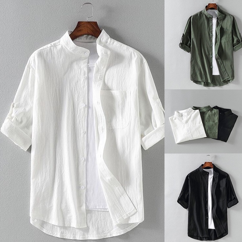 เสื้อเชิ้ตโปโลลําลอง-คอปก-แขนสั้น-3-4-เข้ารูป-สีขาว-แบบเป็นทางการ-สไตล์เกาหลี-คลาสสิก-แฟชั่นฤดูร้อน-สําหรับผู้ชาย