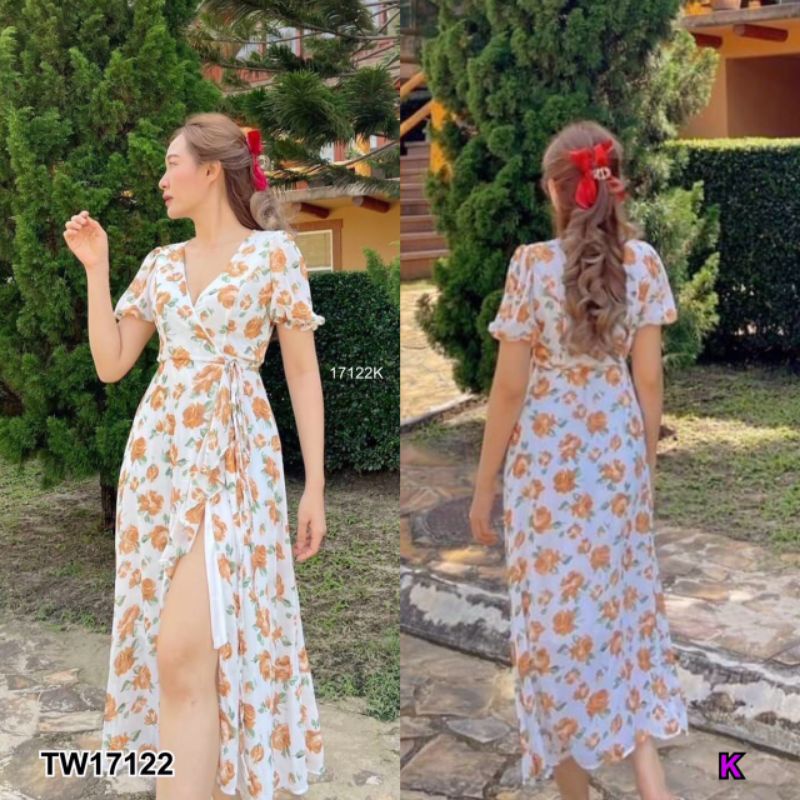 tw17122-สอบถามสต้อกก่อนโอนค่า-ชุดเดรสยาวลายดอกไม้แขนตุ๊กตา-สีชมพู-เหลือง
