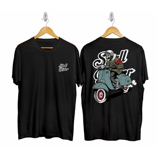 Wf เสื้อยืดลําลอง แขนสั้น พิมพ์ลาย Vespa Racing Skull Rider สีดํา สําหรับผู้ชาย และผู้หญิง lelaki