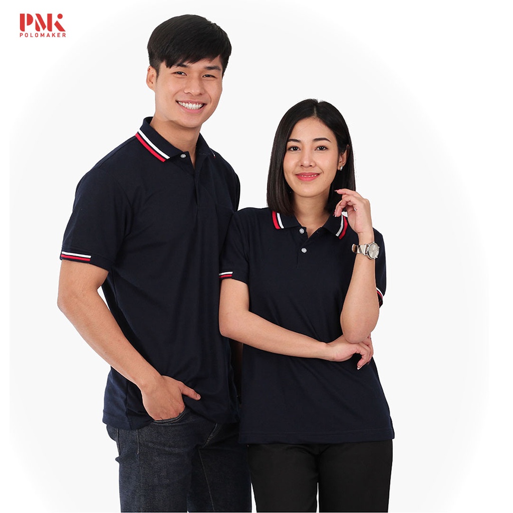 ภาพหน้าปกสินค้าเสื้อโปโล สีกรมท่า ขลิบแดง-ขาว PK093 - PMK Polomaker