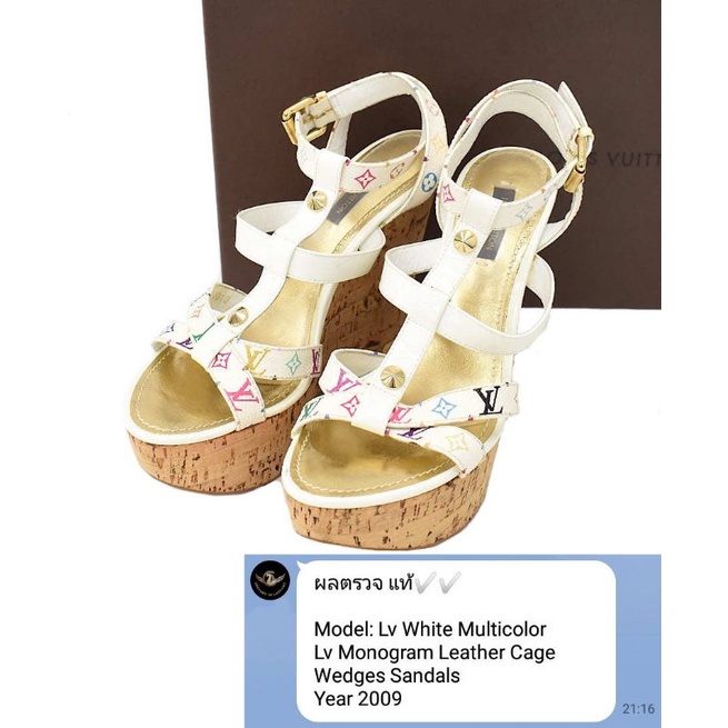 used-like-new-lv-white-multicolor-lv-monogram-leather-cage-wedges-sandals-ผ่านการตรวจสอบจากสถาบันแบรนด์ของแท้-100