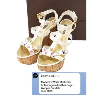 Used like new Lv White Multicolor Lv Monogram Leather Cage Wedges Sandals (✅ ผ่านการตรวจสอบจากสถาบันแบรนด์ของแท้ 100%)