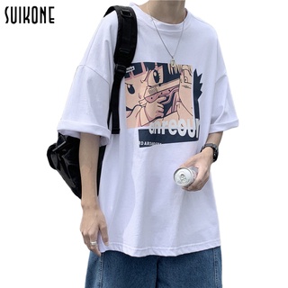 เสื้อยืดโอเวอร์ไซส์Suikone ฤดูร้อนเสื้อยืดผู้ชายนักเรียนคู่แฟชั่นเกาหลีแขนสั้นด้านบนแฟชั่นทุกการแข่งขันรูปแบบการพิมพ์ตัว