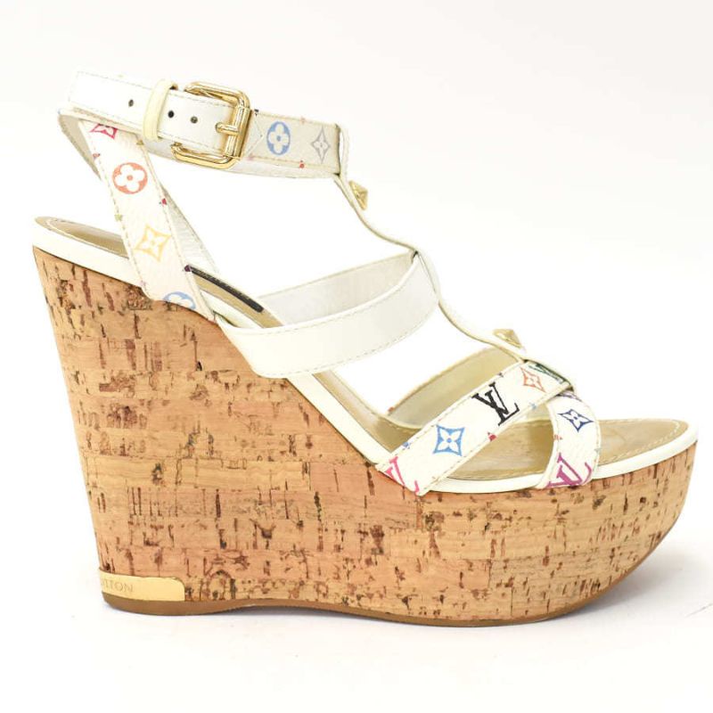 used-like-new-lv-white-multicolor-lv-monogram-leather-cage-wedges-sandals-ผ่านการตรวจสอบจากสถาบันแบรนด์ของแท้-100