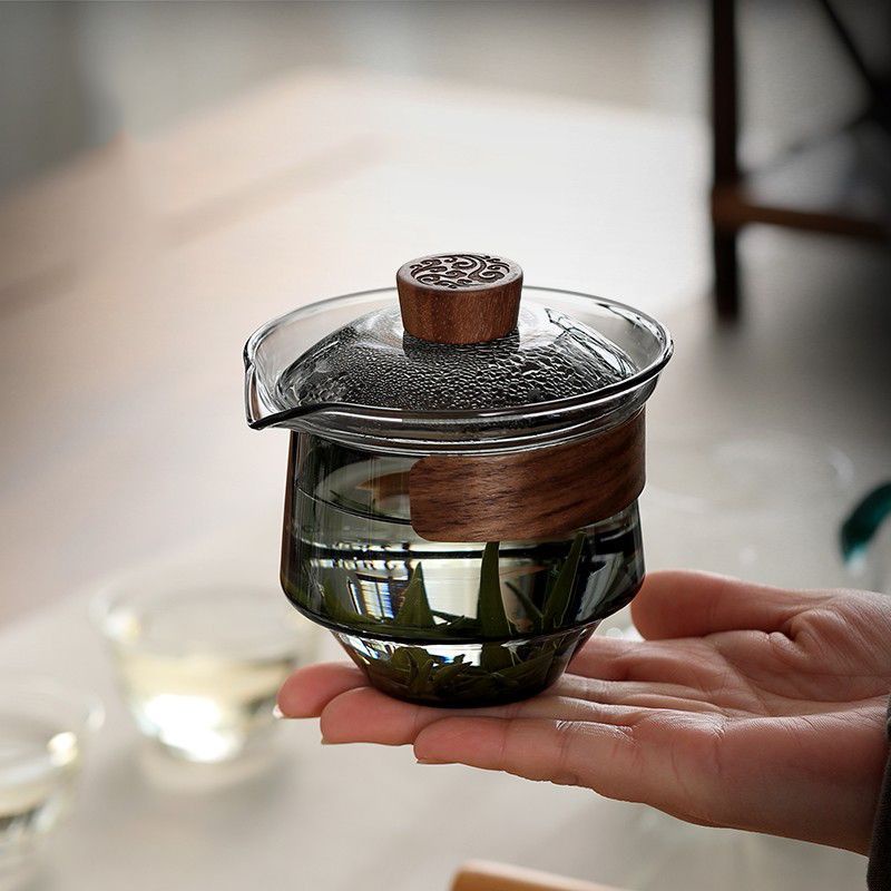 Glass Gaiwan anti-scalding wooden armrest tea making hand grab pot Kung ...