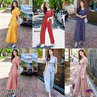 TW8112Jumpsuit ชุดจั้มสูทคอเหลี่ยม แขนตุ๊กตา ขายาว เนื้อผ้าซ่าร่า ข้างเอวเย็บติดผ้าผูกเอว ผูกเก็บทรงสวยๆ