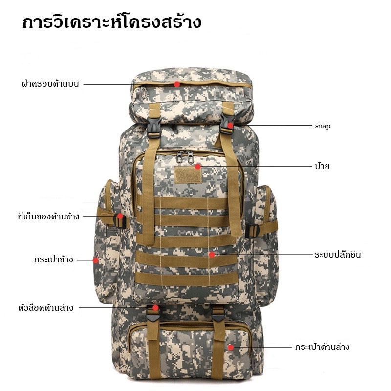 พร้อมส่ง-กระเป๋าเป้-80l-กระเป๋าเดินทาง-กระเป๋าลายพราง-กระเป๋าท่องเที่ยว-กระเป๋าเป้ลายพราง-ลายทหาร-ทนทานกันน้ำแข็งแรง