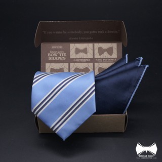 เซ็ทเนคไทXL 4นิ้ว ฟ้าลายขวาง+ ผ้าเช็ดหน้าสูท-Sky blue stripe XL 4" Necktie + Pocket square