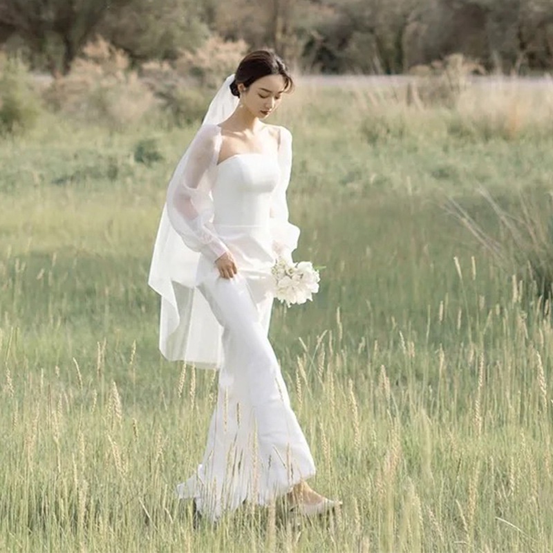 ชุดแต่งงานผ้าซาตินเกาหลี-แฟชั่นเรียบง่าย-ใหม่-จดทะเบียนเจ้าสาว-แต่งงาน-ฮันนีมูน-ท่องเที่ยว-ชุดเดรสสีขาว