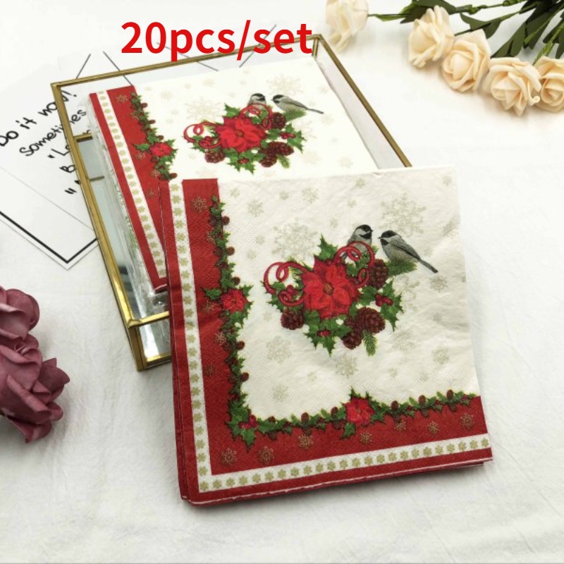 20-ชิ้น-เซ็ตคริสต์มาสลูกไม้สีแดงนกผ้าเช็ดปากพิมพ์ที่มีสีสันกระดาษเช็ดปากงานรื่นเริง