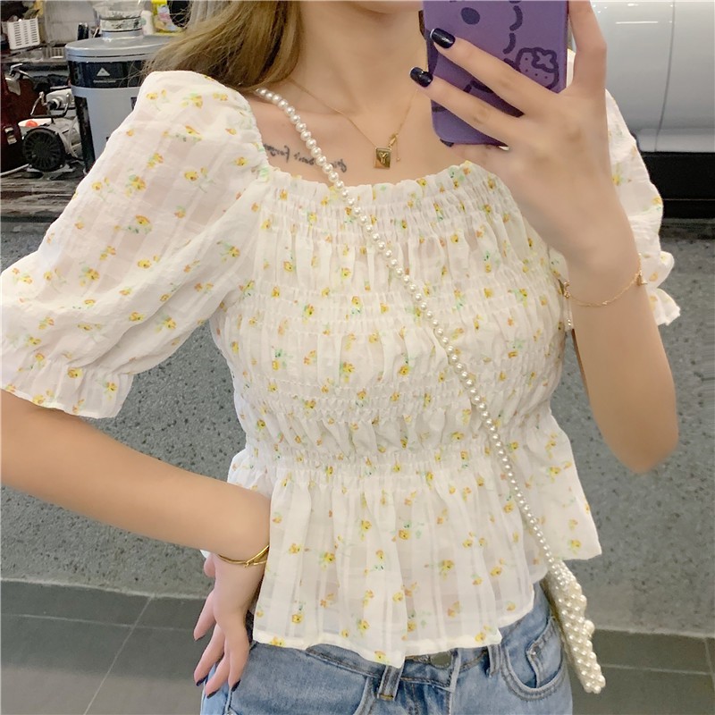 spring-and-summer-new-sweet-small-fresh-waist-slimming-square-neck-puff-sleeve-floral-pleated-short-sleeved-shirt-women