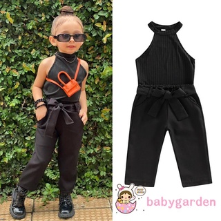 BABYGARDEN-1-6years Baby Girls Two-Piece Outfits, Solid Color Sleeveless Ribbed Mock Neck Tops + Waist Belt Decoration Pockets Trousers