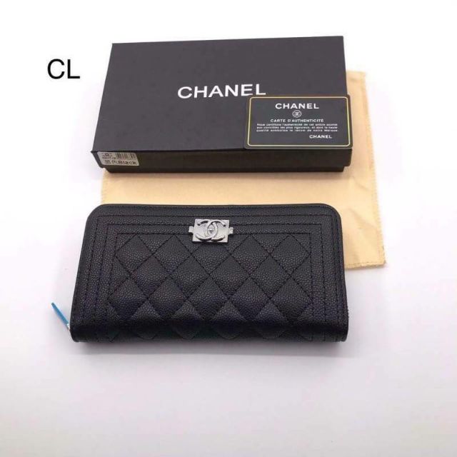 กระเป๋าสตางค์-chanel-ซิบรอบ-หนังแลมป์-หนังคาเวีย