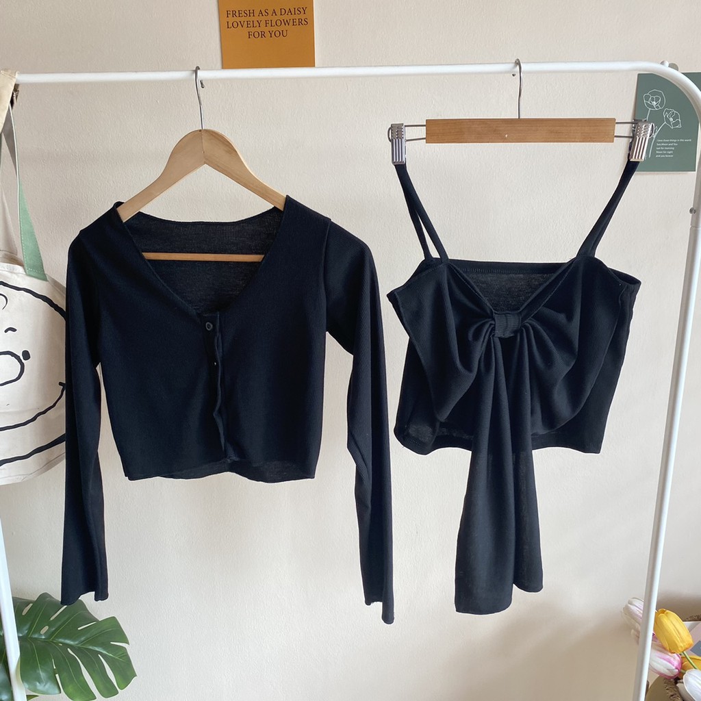 ชุดเซตเสื้อคลุมแขนยาวกระดุมหน้า-สายเดี่ยวแต่งโบว์หน้าอก