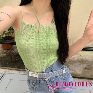 Demonlores- เสื้อครอปท็อป ผ้าถัก สายคล้องคอ รูปตัว U สีพื้น สไตล์เกาหลี สําหรับผู้หญิง