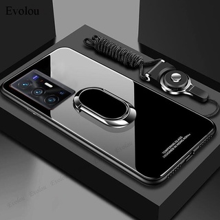 เคสโทรศัพท์มือถือกระจกนิรภัย กรอบนิ่ม กันกระแทก พร้อมแหวนขาตั้งแม่เหล็ก และสายคล้อง สําหรับ Vivo X70 X60 X50 Pro Plus 5G X70 X50 X60