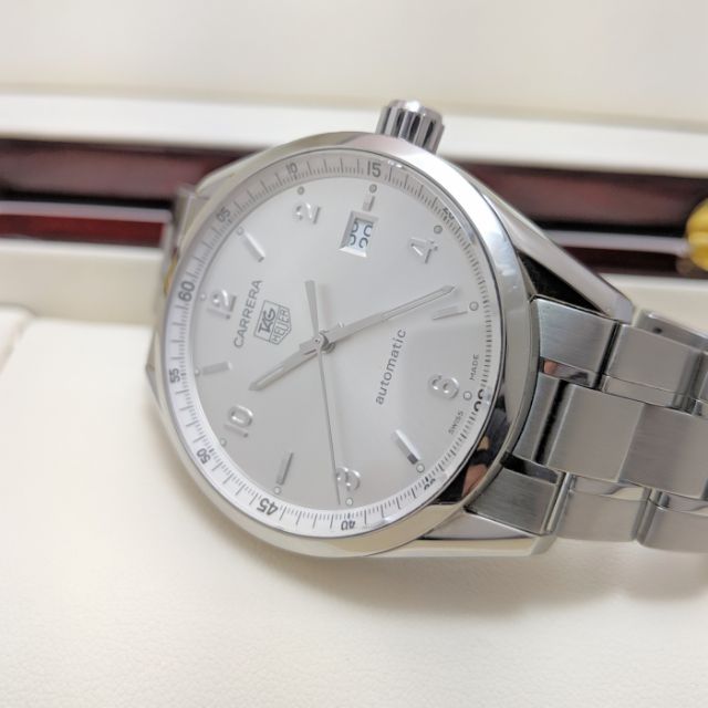 ของแท้100-used-tag-heuer-carrera-date-dial-silver-stainless-steel-automatic-calibre5-sapphire-crystal