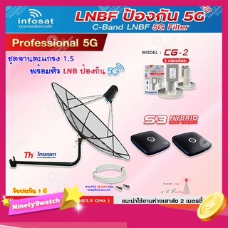 Thaisat C-Band 1.5M (ขางอ 120 cm.Infosat) + Infosat LNB C-Band 5G 2จุด รุ่น CG-2 + PSI S3 HYBRID 2 กล่อง + สายRG6 30 x2