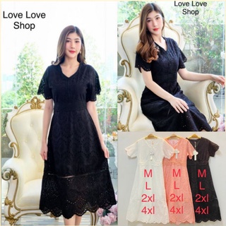 เดรสดำออกงาน!!! M-4XL Dress เดรสสีดำผ้าฉลุลายแขนสั้น งานป้าย