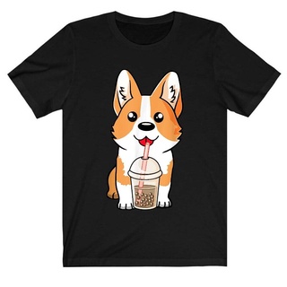 T-shirt  เสื้อยืด พิมพ์ลายการ์ตูนอนิเมะ Boba Milk Tea Corgi Dog Puppy Lover สไตล์ญี่ปุ่นS-5XL